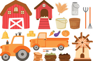 Set of Farm Equipment and Stuff Illustration