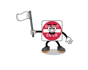 Cartoon Illustration of do not enter road sign holding a white flag