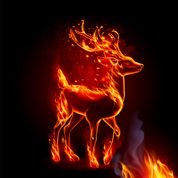 Fiery Black Silhouette Deer with Sparks. Concept-Image with Realistic Fire Flames Effect on Black Background for Creative Designs