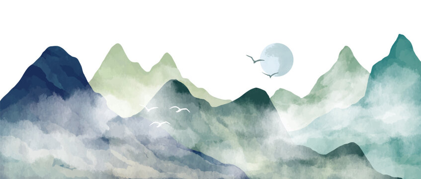 Natural Blue Mountain Landscape. Watercolor Painting. Abstract Contemporary Aesthetic Backgrounds Landscapes. With Mountains, Hill And The Moon. Vector Illustrations