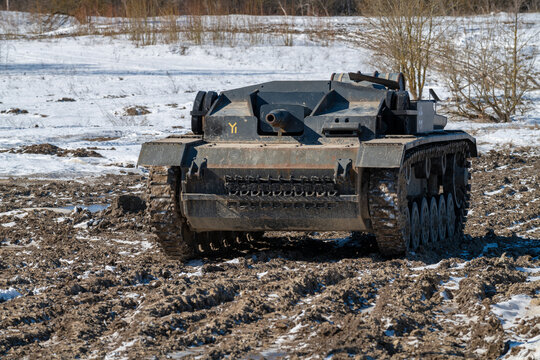 KRASNOE SELO, RUSSIA - MARCH 27, 2022: Self-propelled assault gun Sturmgesch&uuml;tz III (StuG III) at the training ground of the military-historical park "Steel landing" on a March afternoon