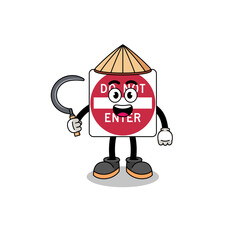 Illustration of do not enter road sign as an asian farmer