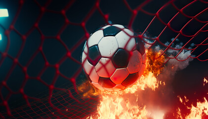 Naklejka premium soccer football fire flame flying look like comet and goal net.sport action for advertising concepts.ai generated images