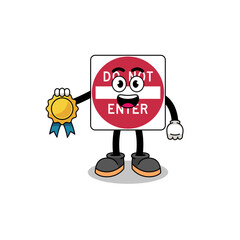 do not enter road sign cartoon illustration with satisfaction guaranteed medal