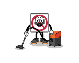 Character mascot of no trucks road sign holding vacuum cleaner
