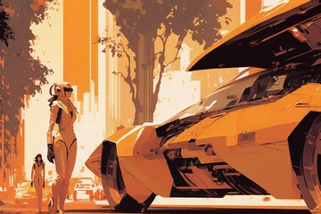 Grungy Retro Future Image of a Female Race Car Driver Next to Her Futuristic Vehicle.  [Science Fiction Landscape. Graphic Novel, Video Game, Anime, Manga, or Comic Illustration.]