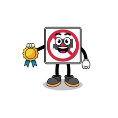 no trucks road sign cartoon illustration with satisfaction guaranteed medal