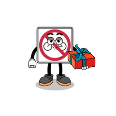 no bicycles road sign mascot illustration giving a gift