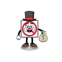 no bicycles road sign mascot illustration rich man holding a money sack