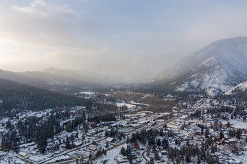 Aerial view of Leavenworth, WA at sunrise in December of 2022