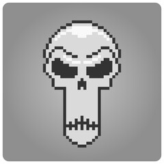 8 bit Pixel skull icon. Vector illustration for game assets.