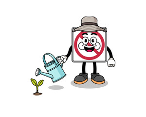 Illustration of no bicycles road sign cartoon watering the plant