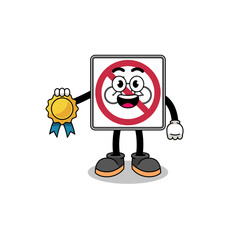 no bicycles road sign cartoon illustration with satisfaction guaranteed medal