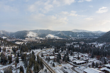 Aerial view of Leavenworth, WA at sunrise in December of 2022