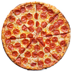sliced pepperoni pizza shot top down view and isolated - obrazy, fototapety, plakaty