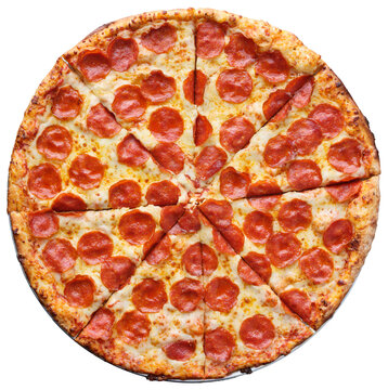 sliced pepperoni pizza shot top down view and isolated