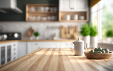Fototapeta na wymiar Embracing Scandinavian Elegance: Close-Up of an Empty Wooden Table in a Modern Kitchen With Generative AI