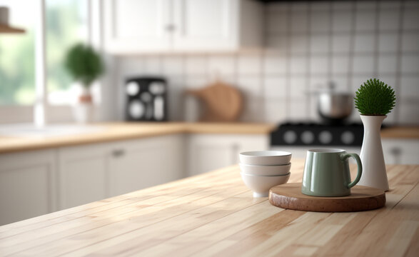 Embracing Scandinavian Elegance: Close-Up of an Empty Wooden Table in a Modern Kitchen With Generative AI