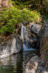 Naklejka na ściany i meble Deep forest waterfall background image