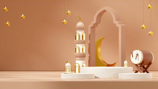 ceramic texture podium in landscape moon, stars, and bedug ramadan, 3d image render empty mockup
