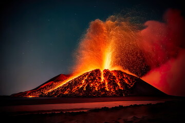 Volcanic eruption, An active volcano ejecting lava into the air.Generative AI