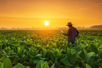 Farmer working in the tobacco field. Man is examining and using digital tablet to management,...