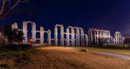Night view of the Roman Aqueduct called The Miracles, in Merida