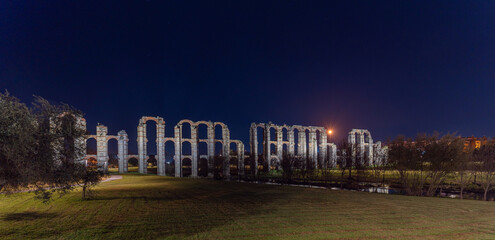 Night view of the Roman Aqueduct called The Miracles, in Merida