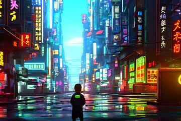 A BOY Looking colorful Nighttime cyberpunk city illustration. A night of the neon street at the downtown wallpaper.