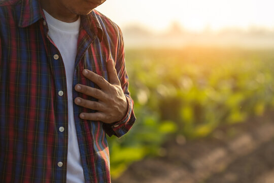 Injuries Or Illnesses, That Can Happen To Farmers While Working. Man Is Using His Hand To Cover Over Left Chest Because Of Hurt,  Pain Or Feeling Ill