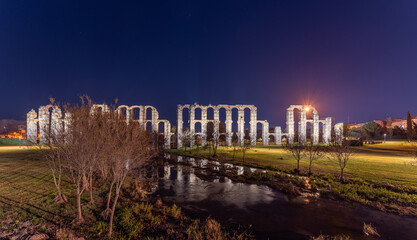 Night view of the Roman Aqueduct called The Miracles, in Merida