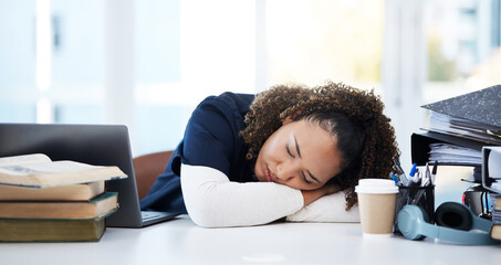 Woman, laptop or sleeping medical student in stress, research books burnout or hospital learning...