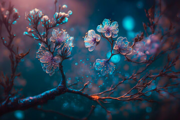 Fototapeta na wymiar beautiful branch, mild fairy mist, pale blue plum blossom,Generative AI 