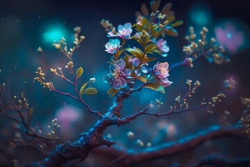Fototapeta na wymiar beautiful branch, mild fairy mist, pale blue plum blossom,Generative AI 