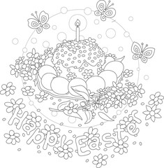 Easter card with a fancy holiday cake with sugar icing and sweets, a small burning candle, decorated gift eggs, spring flowers and merry butterflies, vector cartoon illustration