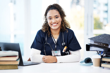 Nurse, portrait or laptop with medical student books, research education studying or hospital learning university. Smile, happy or healthcare woman with technology in scholarship medicine internship