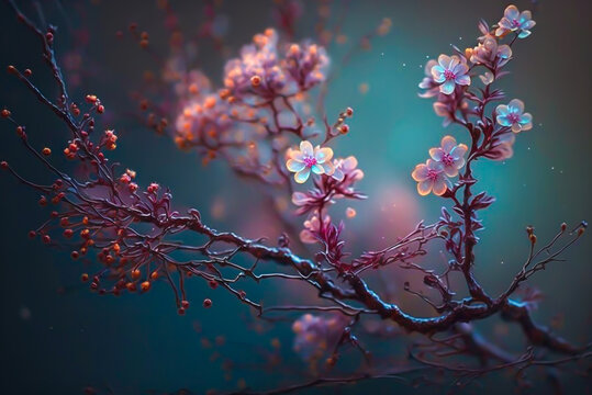 beautiful branch, mild fairy mist, pale blue plum blossom,Generative AI
