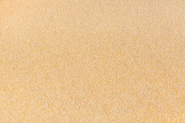 Fototapeta na wymiar Yellow sand texture close up background, sandy pattern, natural fine sand grains backdrop, clean flat beige sand top view, light brown desert dune surface, summer tropical sea beach banner, copy space