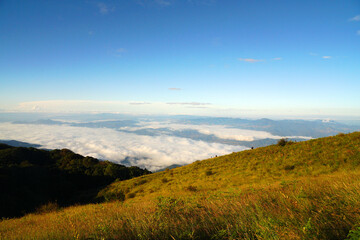 Landscape nature morning view with fog around mountain valley in  Kew Mae Pan nature trail in Chiang mai Thailand of Doi Inthanon National Park. 3 km hiking trail. Experience rainforest, grasslands