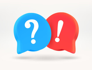 Speech bubbles with exclamation mark and question mark. Dialog concept. 3d vector illustration