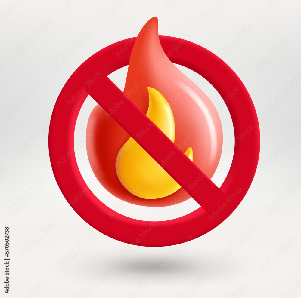 Poster flame icon in red circle with crossed line. no fire concept. 3d vector icon