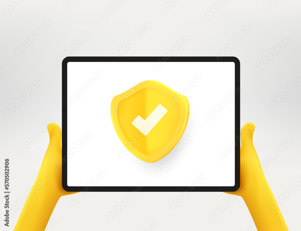 Poster Modern tablet computer with golden shield. Mobile security concept. 3d vector illustration