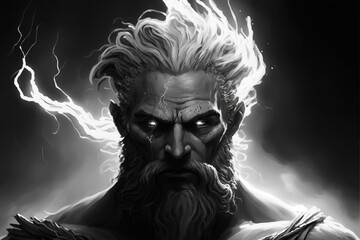 Portrait of Zeus with glowing eyes and lightnings on black background, Generative AI. Mature male with long hair and beard. Ancient Greek God. God of Lightning on black background