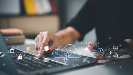 Cloud computing. Cloud technology. Data storage, data transfer, Networking, and internet service...