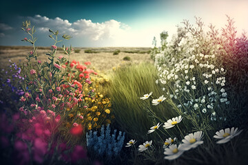 Fototapeta premium Fields of wildflowers, spring concept 