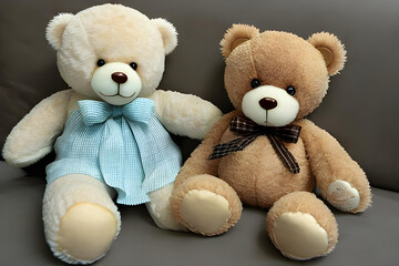 A couple of lovely teddy bears , cream and brown (a.i. generated) - obrazy, fototapety, plakaty