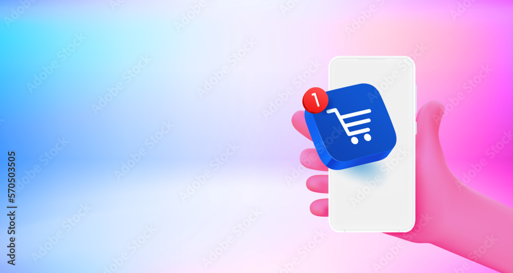 Aufkleber Using shopping application on mobile phone. 3d vector banner with copy space
