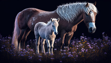 Foal with a mare on a summer pasture. Post-processed generative AI	