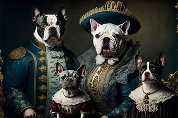 Fotobehang Family of dogs in royal outfits of the Victorian era. Fynny dogs. Royal dogs. Dogs as Humans concept. Picture of Dogs Aristocrats, Generative AI. © devmarya