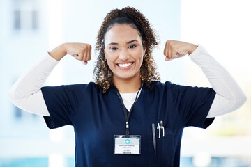 Doctor, portrait or flexing muscle in hospital success, medical trust or empowerment strength on mockup. Smile, happy or nurse in strong biceps for woman healthcare, wellness leadership or motivation - obrazy, fototapety, plakaty
